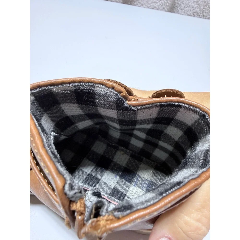 Toddler Girls Brown Faux Leather Ankle Boots with Side Bow Plaid Lining Size 8